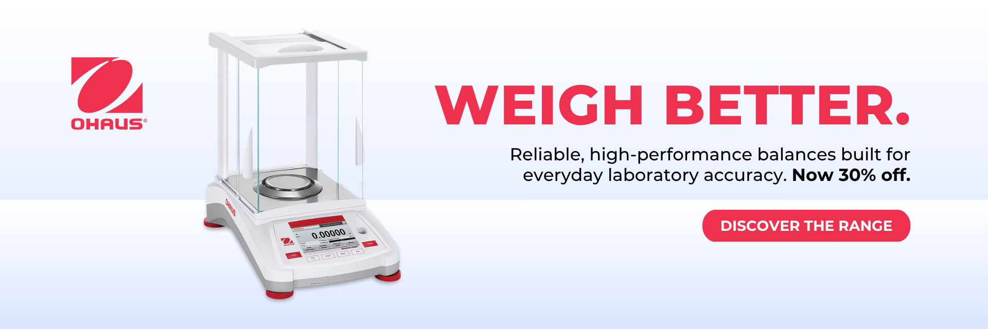 OHAUS Adventurer precision balance banner advertising 30% off laboratory balances