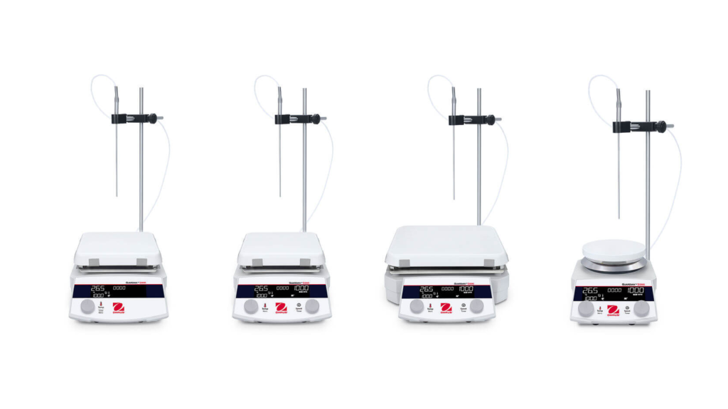 Ohaus Guardian 5000 Hotplate Stirrer and hotplate kits with external temperature probes and probe holders.