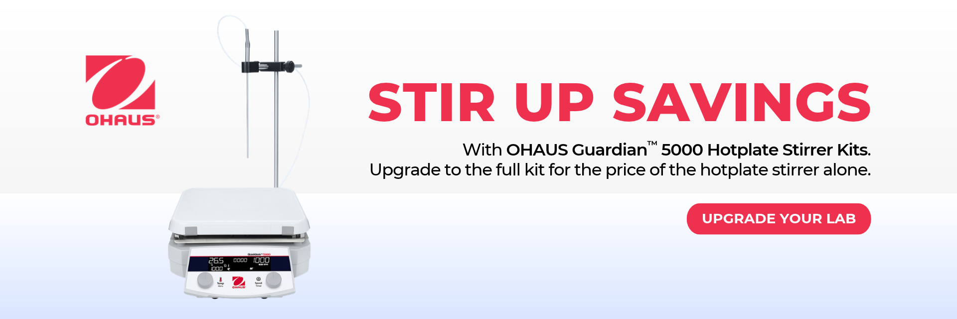OHAUS Guardian 5000 hotplate stirrer with temperature probe and holder, available as a full kit for the price of the hotplate stirrer alone.
