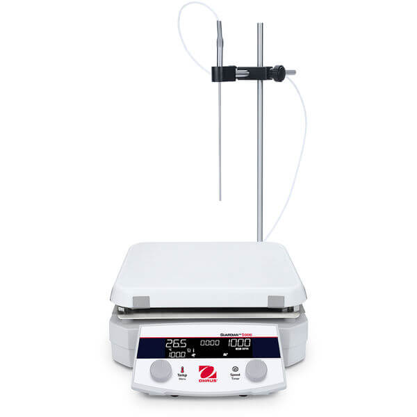 OHAUS Guardian 5000 Hotplate Stirrer e-G52HS10C kit 30910735 with external temperature probe and probe holder.
