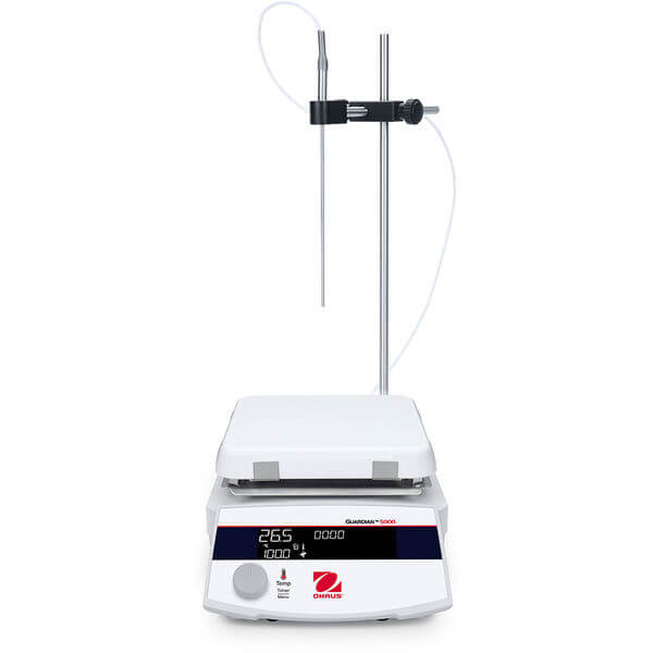 OHAUS Guardian 5000 e-G52HP07C hotplate stirrer kit 30532080 with external temperature probe and probe holder.