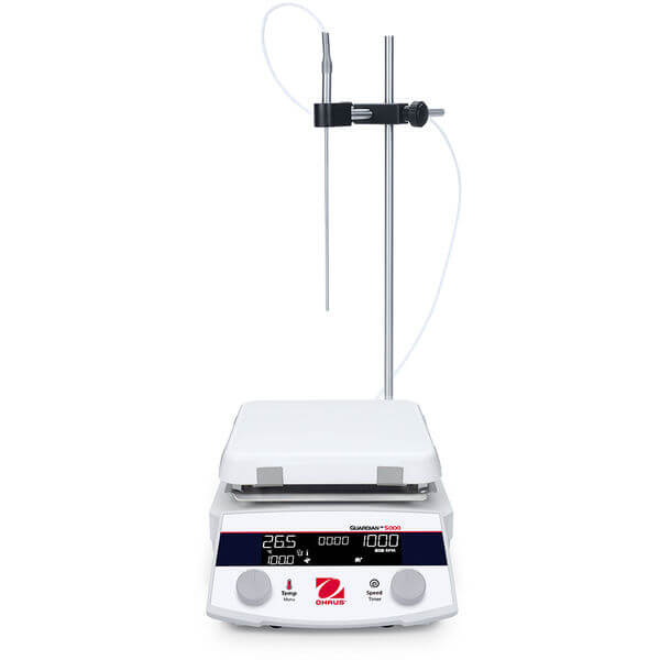 OHAUS OHAUS Guardian 5000 Hotplate Stirrer e-G52HS07C kit 30532109 with external temperature probe and probe holder.
