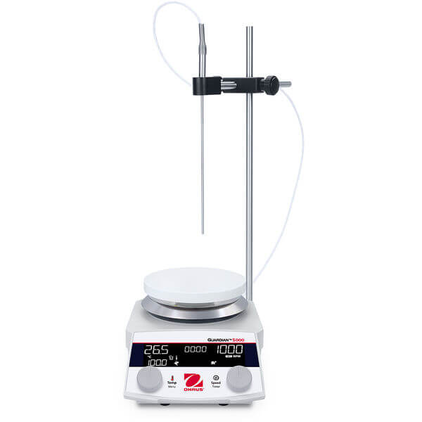 OHAUS Guardian 5000 Hotplate Stirrer e-G52HSRDA kit 30981784 with external temperature probe and probe holder.